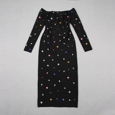 Stunning LS2395 Maxi Cocktail Dress with Long Sleeves Colorful Crystals and Bandage Design for a Sophisticated Party Look