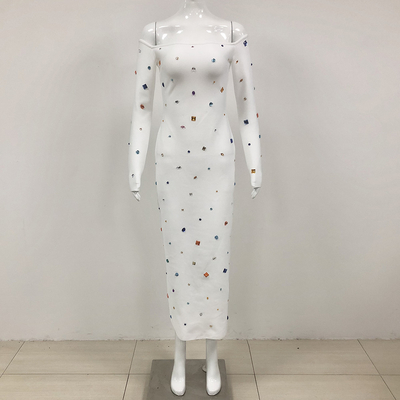 Stunning LS2395 Maxi Cocktail Dress with Long Sleeves Colorful Crystals and Bandage Design for a Sophisticated Party Look