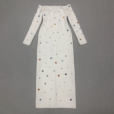 Stunning LS2395 Maxi Cocktail Dress with Long Sleeves Colorful Crystals and Bandage Design for a Sophisticated Party Look