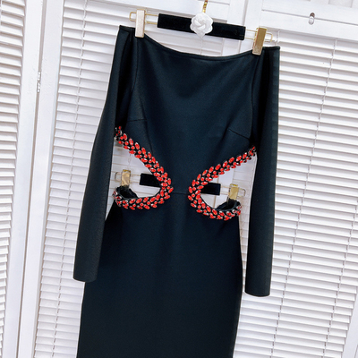 Sexy Black Diamond Crystal Off-Shoulder Dress Elegant Bodycon Bandage Dress Woven Craft and Knee Length LS2347 for Club Party