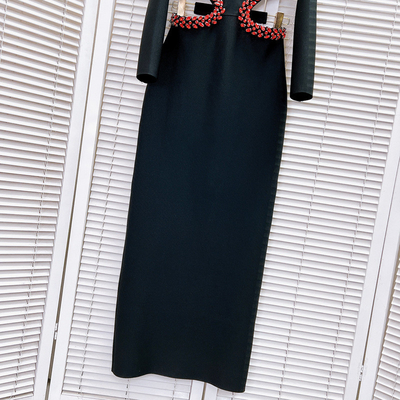 Sexy Black Diamond Crystal Off-Shoulder Dress Elegant Bodycon Bandage Dress Woven Craft and Knee Length LS2347 for Club Party