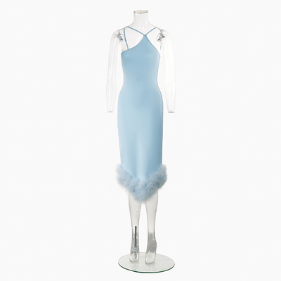 7-Day Fast Sampling Supported Blue Women's Party Dress with Feather Strapless Bridesmaid Dress and Elastic Material