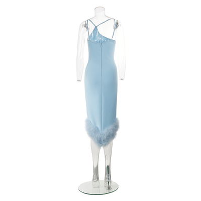 7-Day Fast Sampling Supported Blue Women's Party Dress with Feather Strapless Bridesmaid Dress and Elastic Material