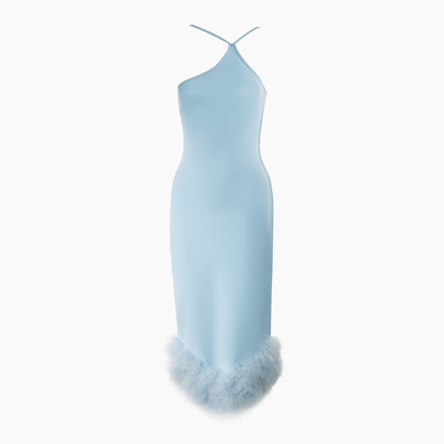 7-Day Fast Sampling Supported Blue Women's Party Dress with Feather Strapless Bridesmaid Dress and Elastic Material