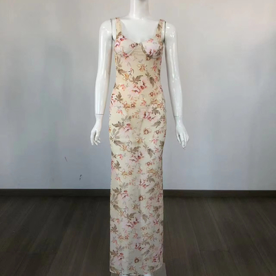 Women's Fashion Maxi Dress Woven Craft Natural Waistline Sleeveless Print Customizable Logo for Sexy Party