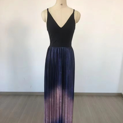 SB3222 Kimshein Fashion V-Neck Sleeveless Pleated Maxi Long Casual Dress for Women Natural Waistline and V-Neck Design