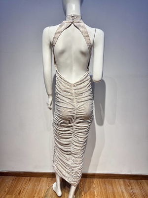 SB3218 Luxury Pearl-Embellished Women's Dress Sexy Backless Sleeveless Nude Mesh Party Dress with Elegant Tight Pleats
