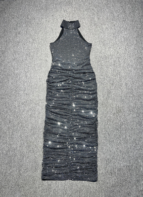 SB3218 Luxury Pearl-Embellished Women's Dress Sexy Backless Sleeveless Nude Mesh Party Dress with Elegant Tight Pleats