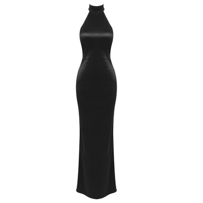 SB3013 Ladies' Satin Evening Gown with Sexy Backless Design and Pearl Embellishments No Print Hang Neck Collar