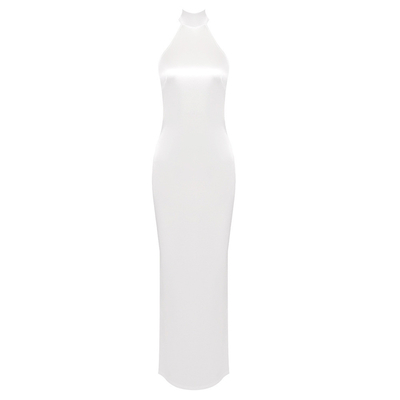 SB3013 Ladies' Satin Evening Gown with Sexy Backless Design and Pearl Embellishments No Print Hang Neck Collar