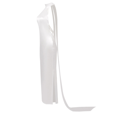 SB3013 Ladies' Satin Evening Gown with Sexy Backless Design and Pearl Embellishments No Print Hang Neck Collar