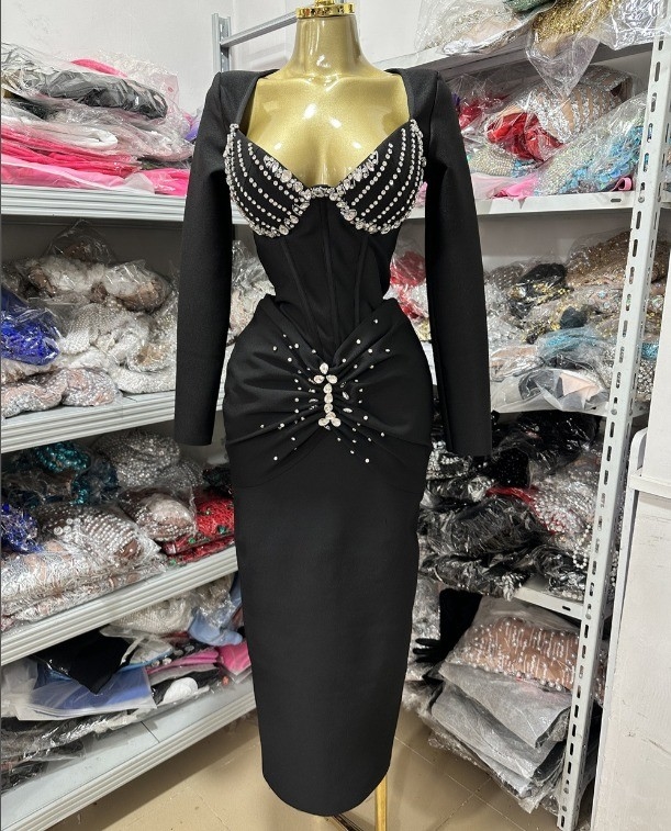 KIMSHEIN LS2672 Luxury Women Clothing Sexy Long Sleeve Diamond Party Dress Beaded Diamond Bandage Dress for End Events