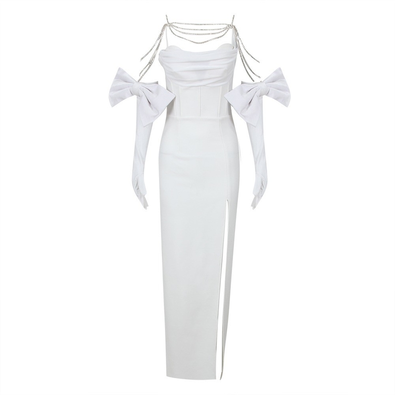 Kimshein Sexy Role Play Costume White High Slit Tight Dress with Butterfly Bow and Chain Intelligent Tracking Support