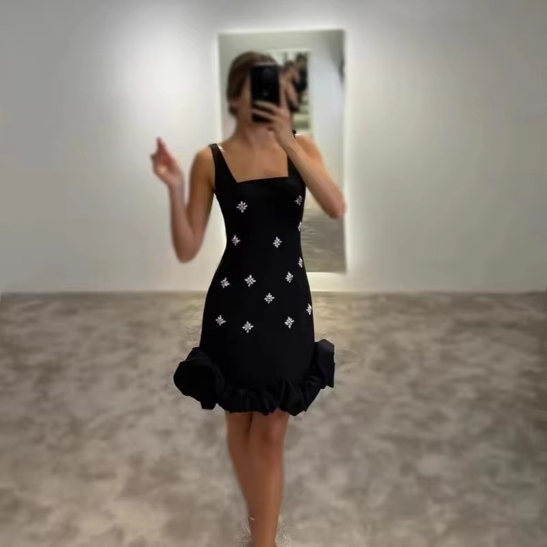 SB3463 Mini Pleated Edge Crystal Rhinestone Women's Floral Birthday Dress Fashion Bandage Dress with Mini Evening Design