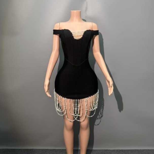 SB3465 Women's Summer Bandage Party Mini Dress with Pearl Fringe Sexy Off-Shoulder Strapless Bandage Dress Made by SB3465