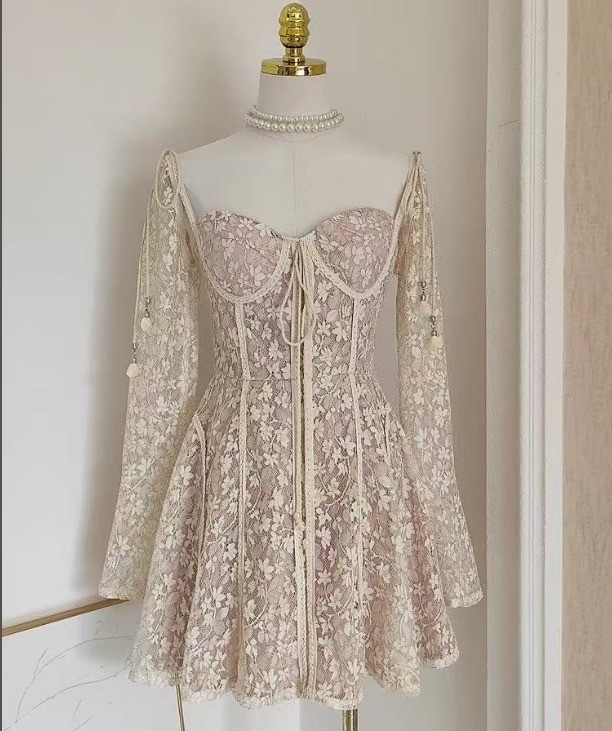 Dance the Night Away in LS2677 Square Neck Mini Dress for Women Slim Fit and Sexy Long Sleeve Lace Dress