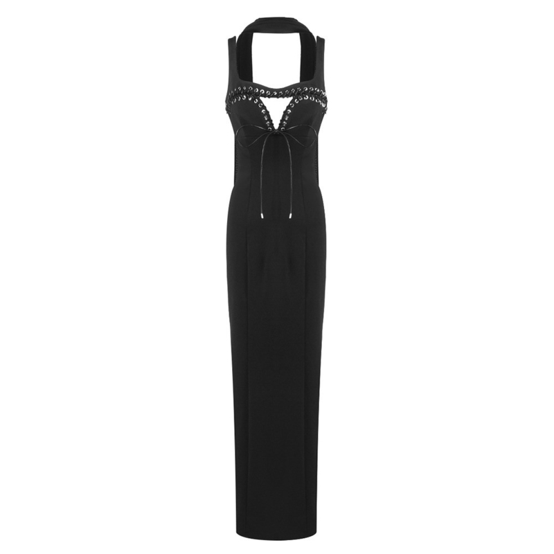 SB3469 Kimshein Fashion Women's V-Neck Elegant Sleeveless Silk Ribbon Long Evening Dress with Intelligent Tracking Support