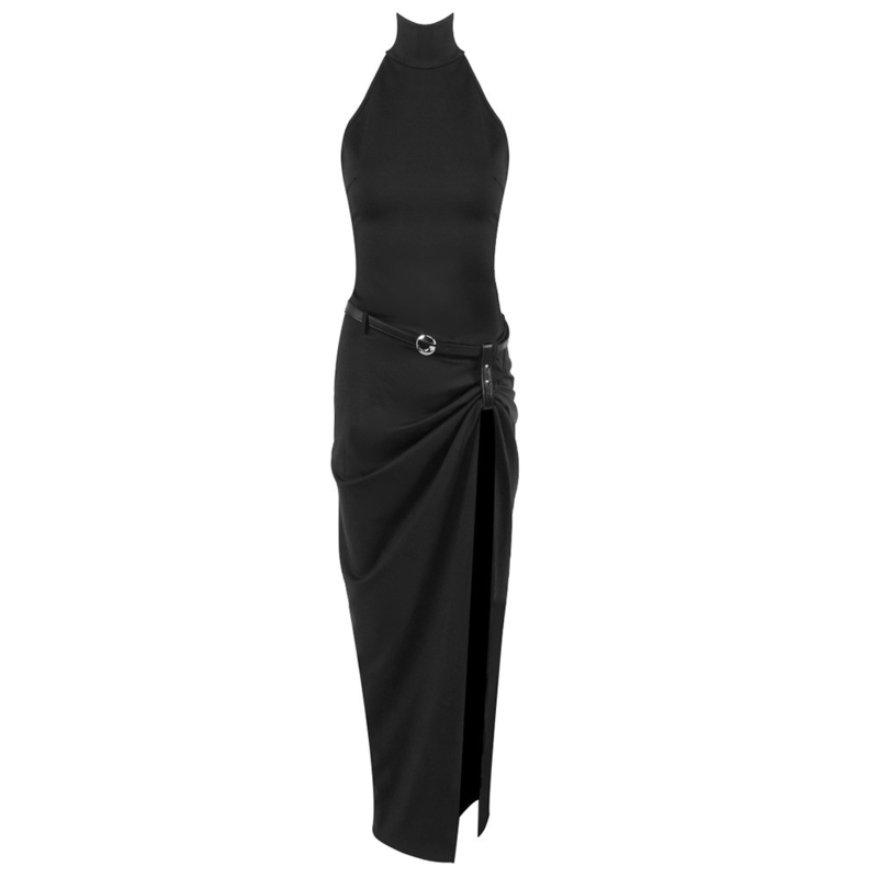 Water Washed SB3473 Summer Black Bodycon Dress High Slit Waist Belt and Luxurious Elegance for Parties