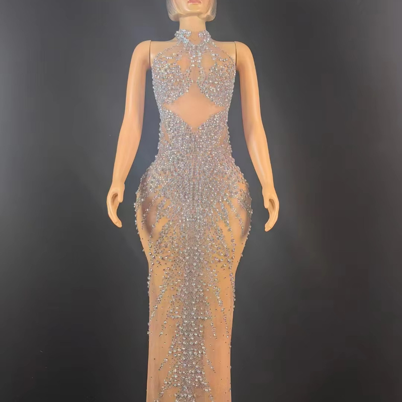 AD2576 Luxurious Silver Water Diamond Sleeveless Dress with Sexy Mesh Beaded Handmade Performance Dress Woven Craft