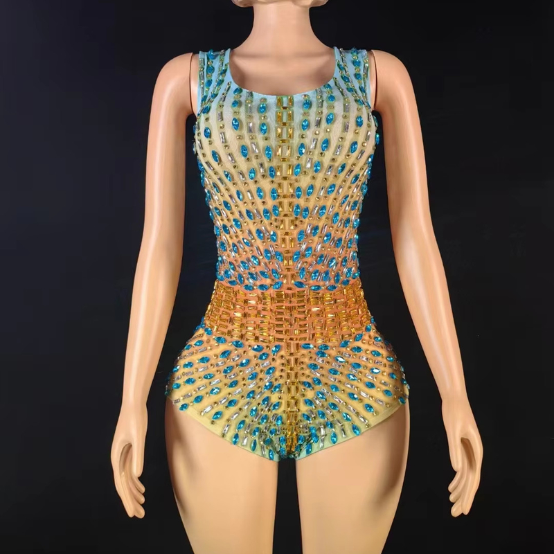 AD2574 Blue Rhinestone Bodycon Dress Luxury Crystal Sexy Women's Performance Dress in Knee Length from in and for Your Performance