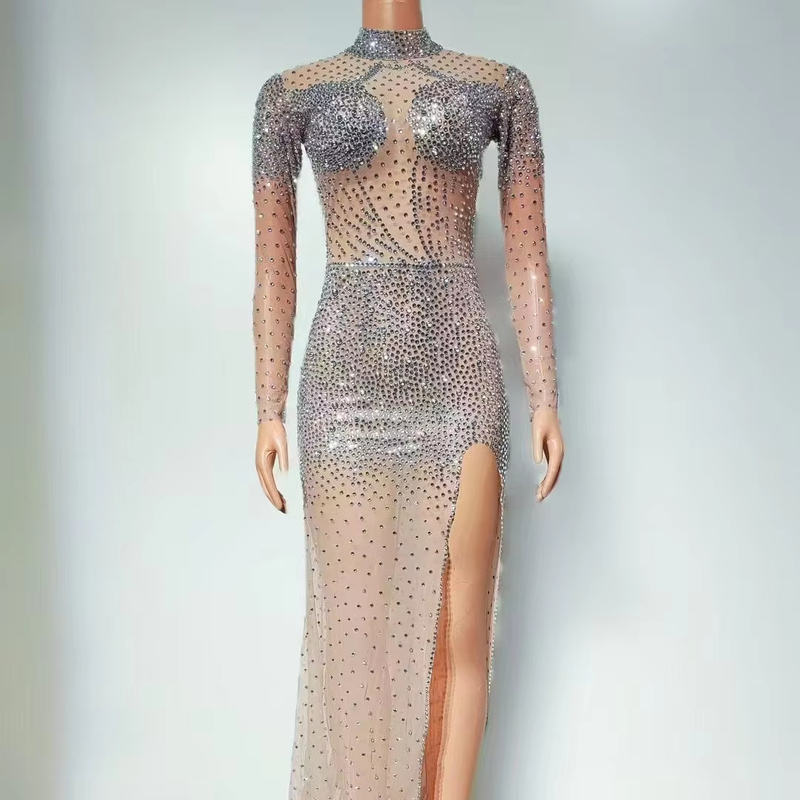 Flashing Evening Dress with Luxurious Rhinestones and Long Sleeves Col haut AD2561 Customizable Logo Placement High Sewing