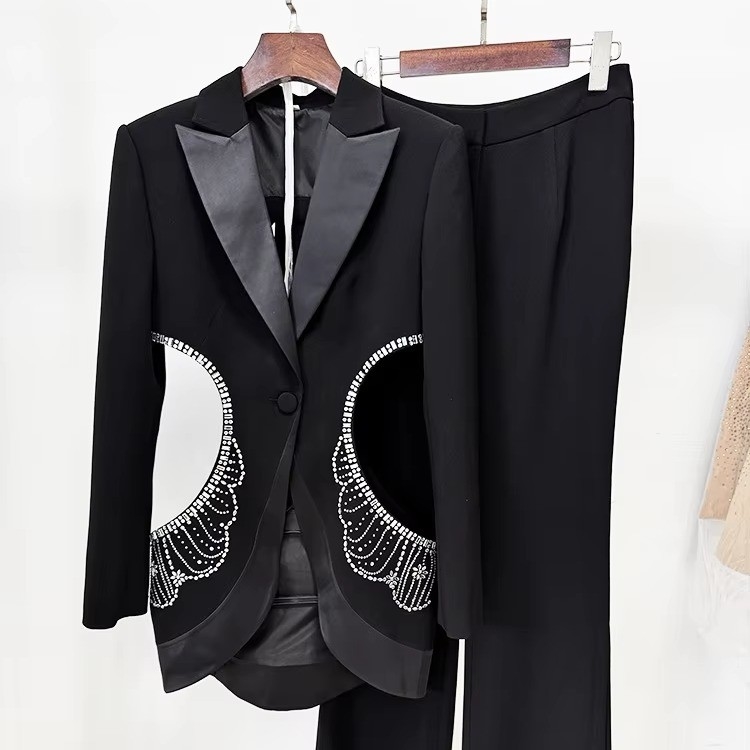 SR2416 Women's end Fashion Jewelry Hollow Out Birthday Suit Sexy Blazer Pants Two-piece Set with 240g Fabric Weight