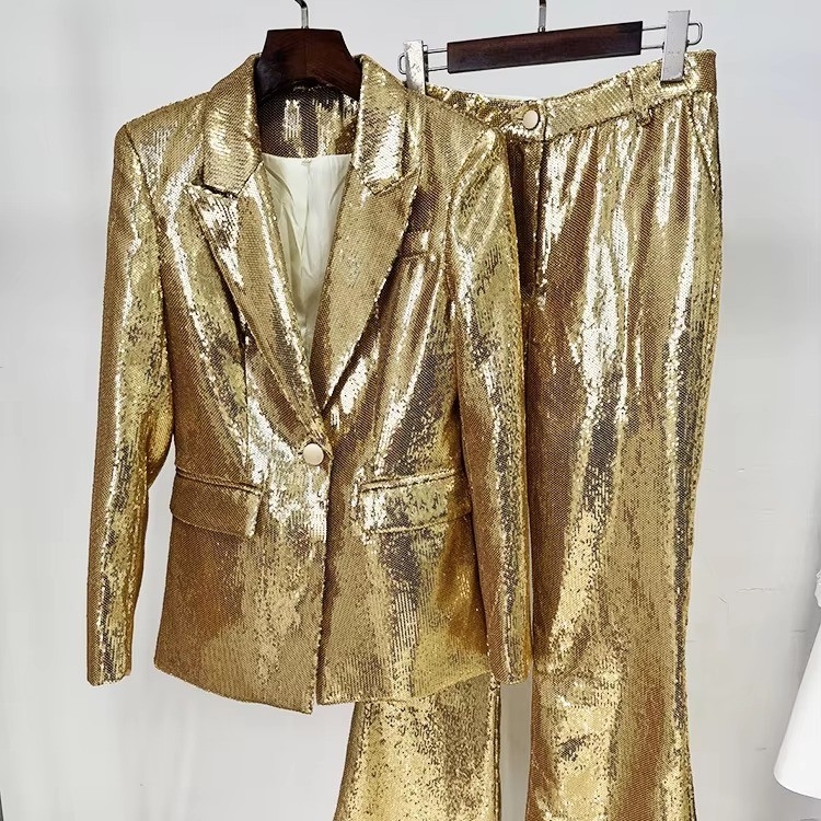 Eco-Friendly SR2417 Fashion Long Sleeve Casual Style Shiny Sequin Suit Jacket and Pants Set for Club Night Women's Suit