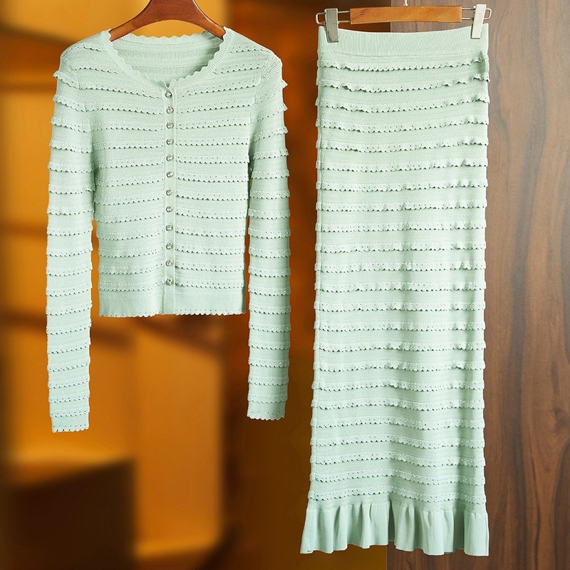 7-Day Fast Sampling SR2414 End Women's Fashion Suit with Ruffled Edge Knit Stretch Jacket and Skirt Set Quick-Drying