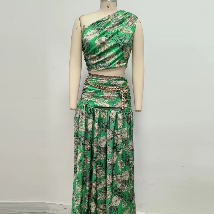 Summer Sets Women Green Floral Printed Tops and Long Skirt Casual Fashion 2 Piece Set with None Printing Method