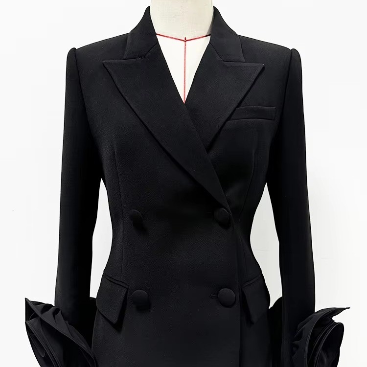BLAZER BA2354 3D Flower Long-Sleeved Sports Jacket for Women in Black V-Neck Design and Polyester Material