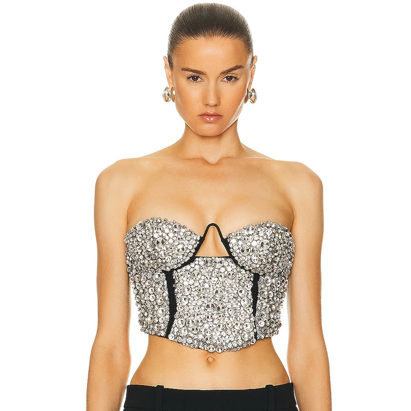 Guangdong Produced TS2250 Off-Shoulder Sexy Tight Bustier Women's Short Crystal Top with Elegant Water Drill Other Style