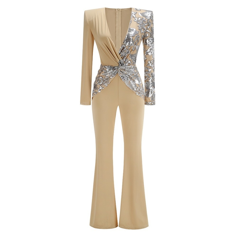 JB2287 Kimshein Fashion Long Sleeve Party Jumpsuit for Women Sexy V-Neck Tight Shiny Bodysuit High Waist and Comfortable