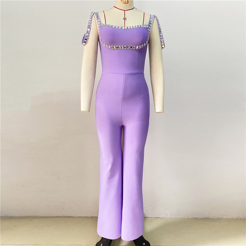 JB2261 Sleeveless Jumpsuit High Waist and Purple Rhinestone for Fashionable Party Look