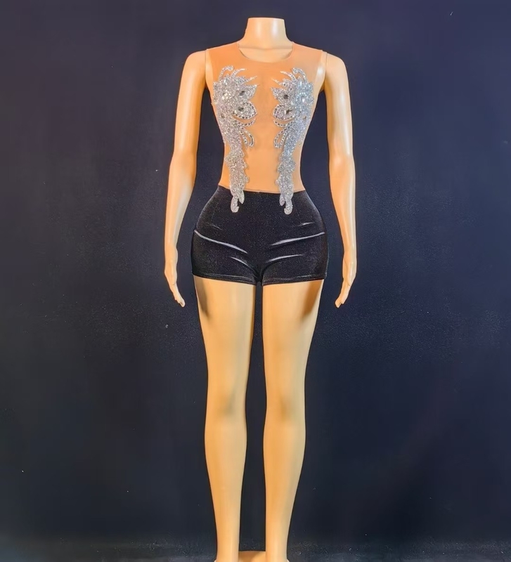 Checkered Craft Yes Woven Method Loom AD2573 Women's Summer Rhinestone Bodysuit Velvet Sleeveless Tight Bodysuit