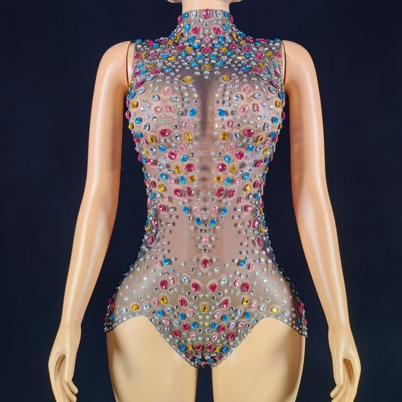 AD2572 Crystal Lady Tight-fitting Bodysuit with No Sleeves and Full Rhinestones in Sexy Style Exquisite Craftsmanship