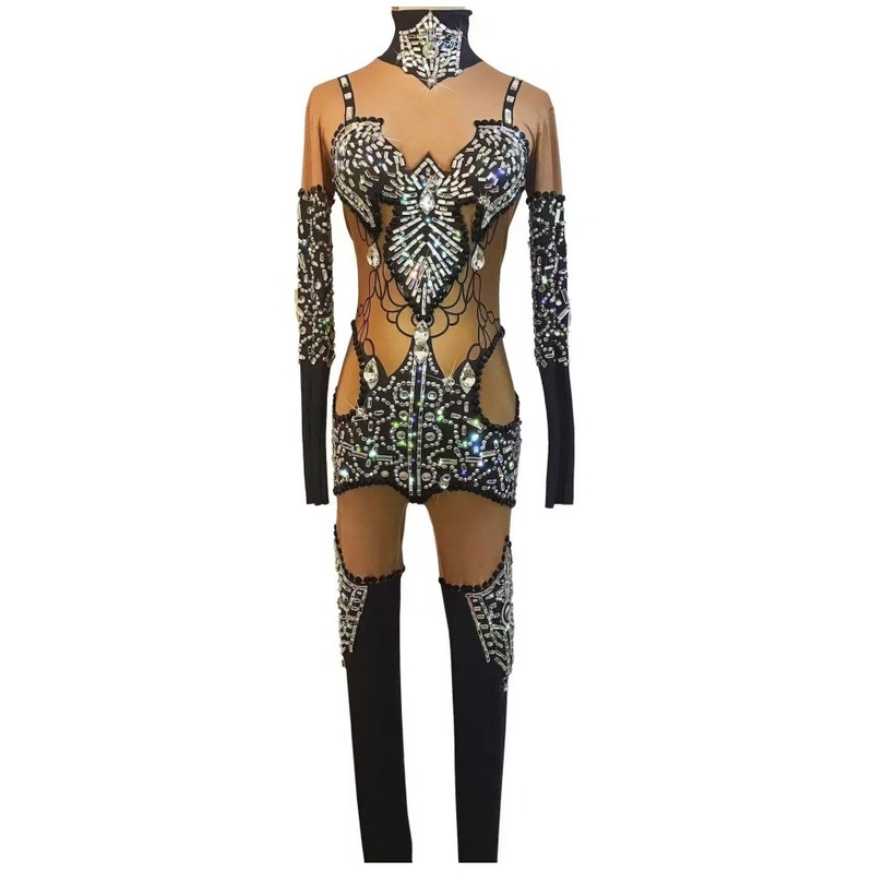 Woven AD2490 Luxurious Beaded Long Sleeve Women's Party Jumpsuit with Shimmering Crystal Diamonds Stock/Ready to Ship