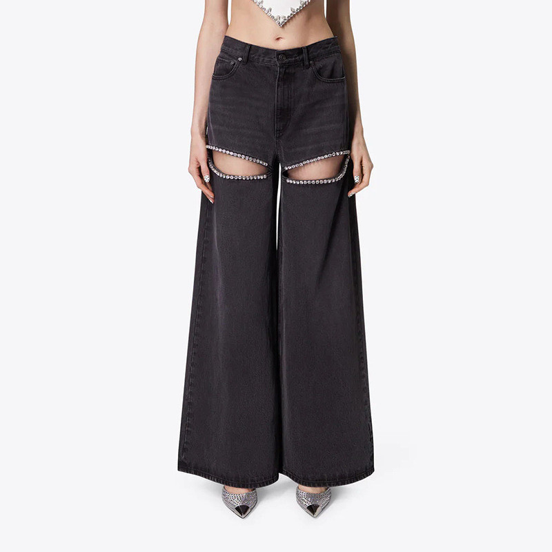 1 Piece Minimum Order CC2230 Women's Wide Leg Jeans with Water Drill Beaded Decoration in Polyester Material and Dark Wash