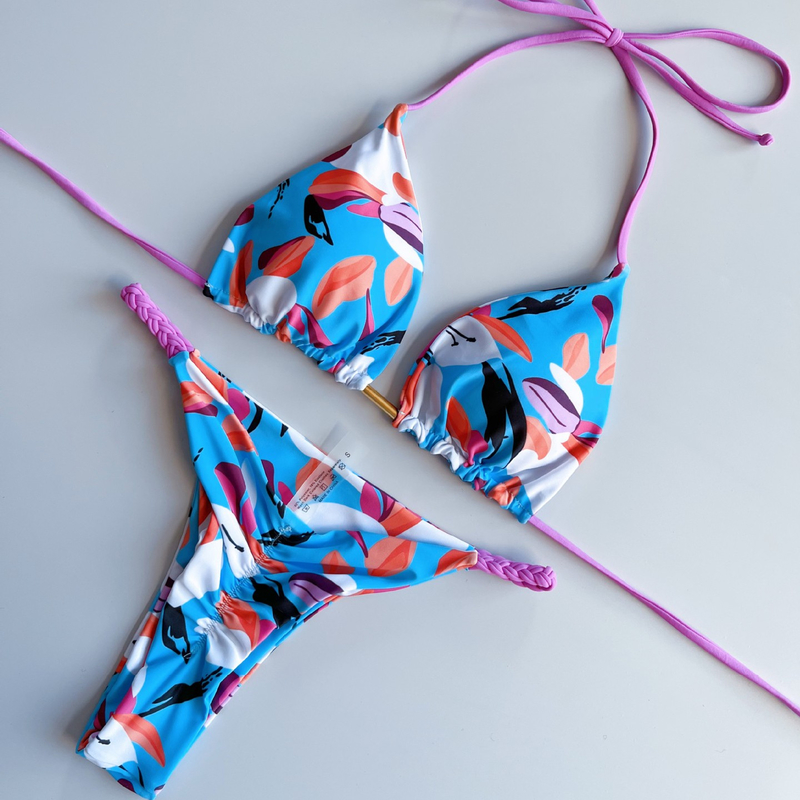 Sexy Print V-neck Backless Design Quick-drying Bikini for Women's Swimwear in Solid Color