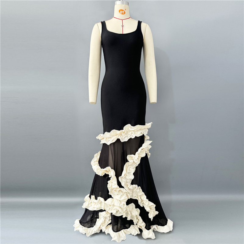 Summer Fashion Staple Sleek and Sophisticated Black Bandage Evening Dress with Square Neckline Sleeveless Floor-Length