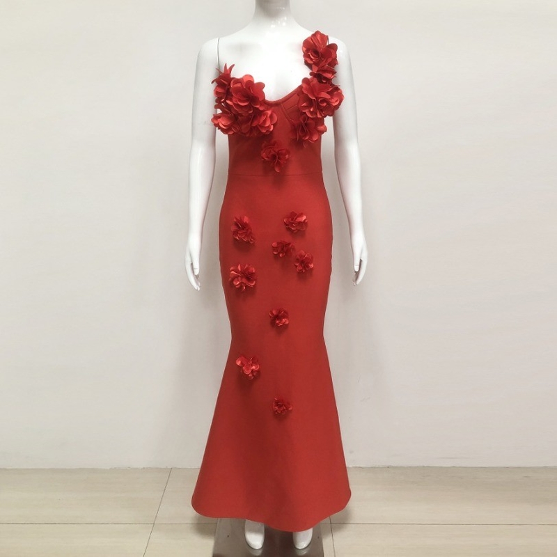 220g Fabric Weight Elegant and Sexy 3D Floral Evening Dress for Club Party Pure Color Woven Bandage Dress SB3453