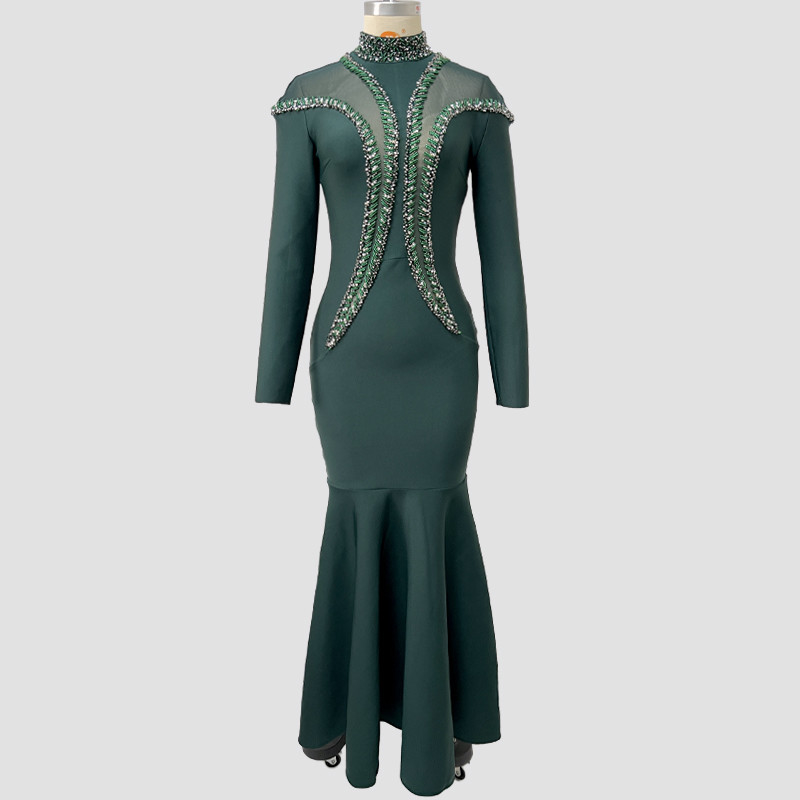 LS2652 Long Sleeve Mermaid Bandage Cocktail Dress Sexy Crystal Beaded Floor-Length Black Evening Gown with Long Sleeves