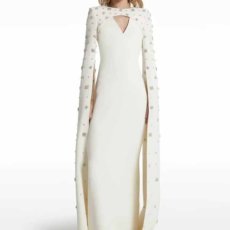 LS2665 Design Spring Crystal Floor-Length Long Sleeve Solid Color Dress Natural Waist Regular Sleeve Dress for Standards
