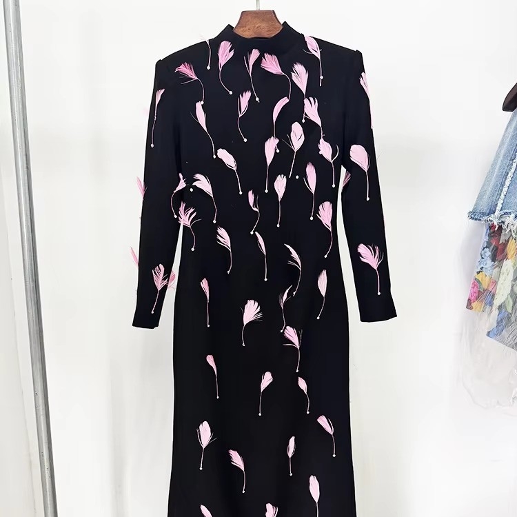 LS2663 Kimshein Maxi Dress for Elegant Women at Nightclubs Featuring Long Sleeves Crystal and Feather Details
