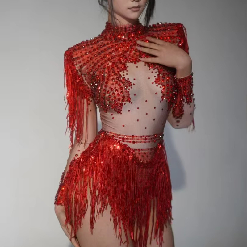KIMSHEIN AD2566 Shiny Tassel Sexy Women's Tight Dress See-through Breathable Long Sleeve Crystal Clothing 300g Weight Woven Fabric