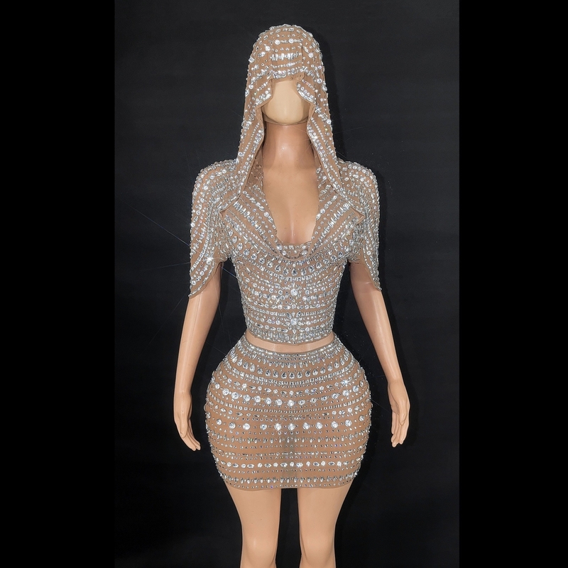 220g Fabric Weight AD2570 Luxurious Pearl Party Dress with Shimmering Diamonds and Crystal Embellishments 2-Piece Mini Set
