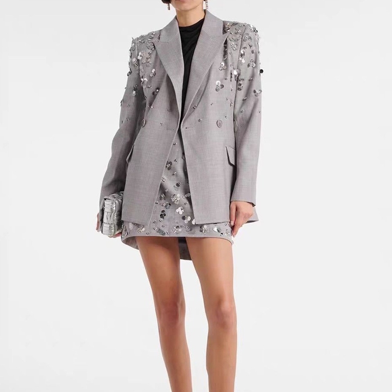 SR2402 Spring V-Neck Two-Piece Set with Luxurious Sequin Embellishment by Fashion Designer Effortlessly Chic and Stylish