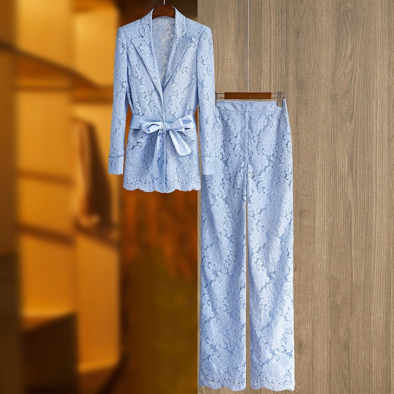 SR2403 Kimshein Blue Lace V-Neck Suit Pants Women's Two-Piece Set for Comfortable and Stylish Design