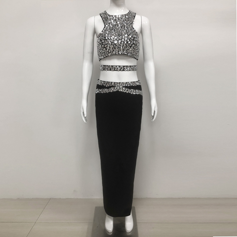 SS2393 Two-Piece Summer Set for Women Solid Elegant Party Bandage Crop Top and Skirt Set Bodycon Fit Limited Stock