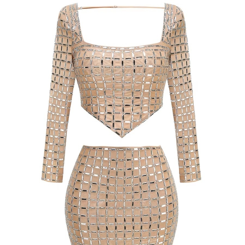 SS2394 Luxury Fashionable Sexy Party Outfit Crystal Women's Top and Mini Skirt 2-Piece Set for Summer