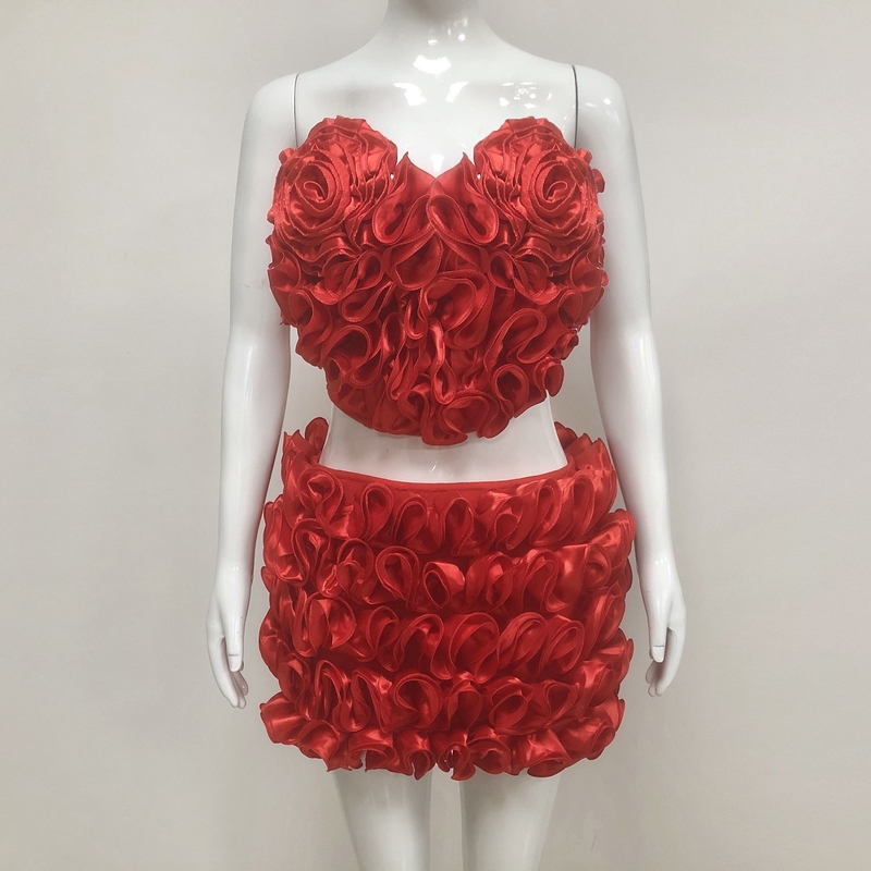 s Latest Sexy Red Floral Set SS2391 Kimshein Ruffled Top and Mini Skirt for a Show-Stopping Look at Summer Events